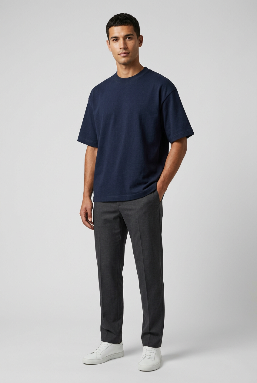 Stylish studio model pose wearing the dark navy oversized T-shirt against a gray background