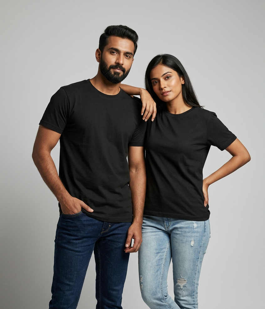 A man and a woman modeling plain black short-sleeve crewneck t-shirts, paired with blue jeans and white sneakers, against a solid light gray studio background.