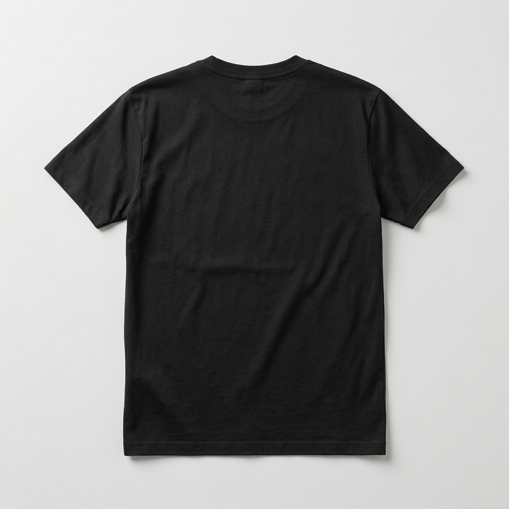 Back view of the plain black round-neck T-shirt on a gray background