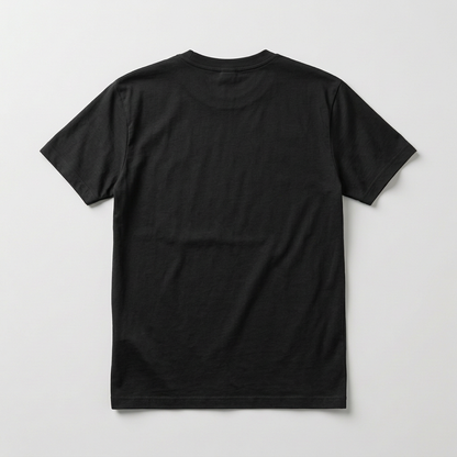 Back view of the plain black round-neck T-shirt on a gray background