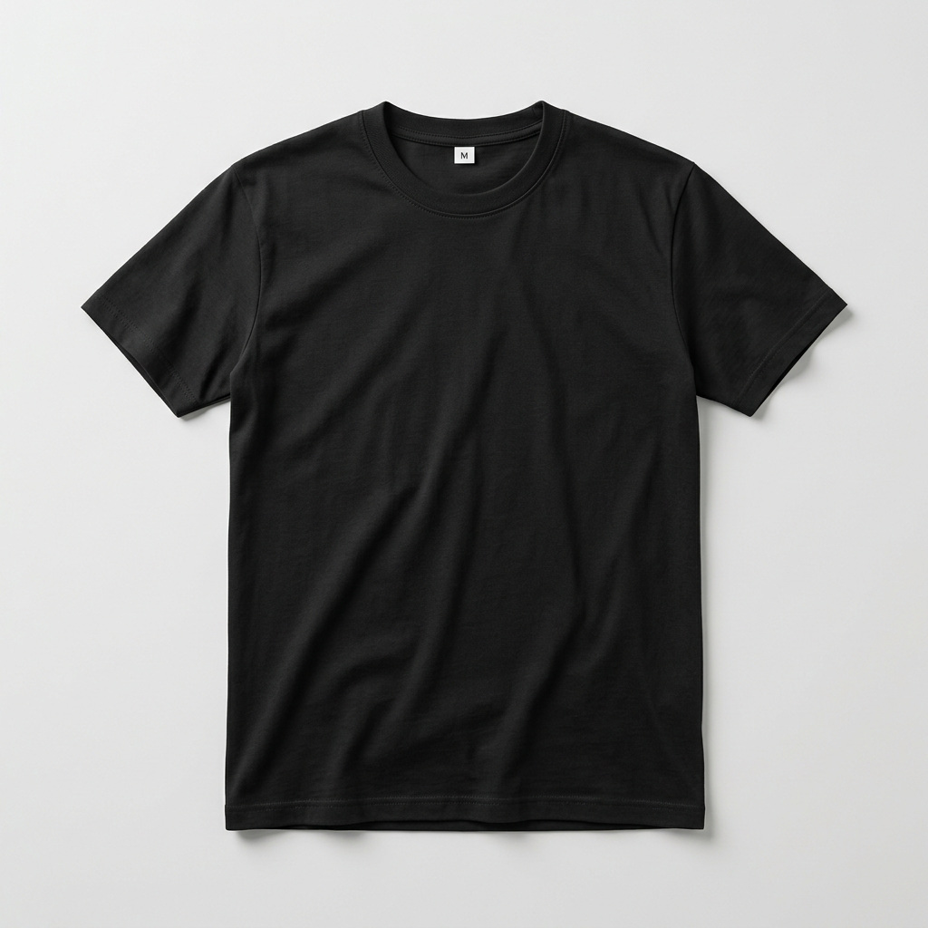 Black round-neck cotton T-shirt on a light gray background with an M size label inside the neck