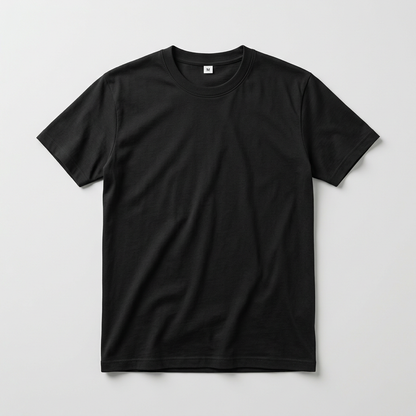 Black round-neck cotton T-shirt on a light gray background with an M size label inside the neck