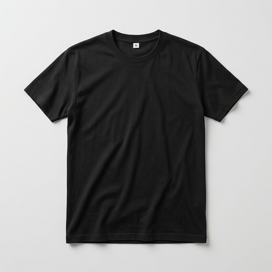 Black round-neck cotton T-shirt on a light gray background with an M size label inside the neck