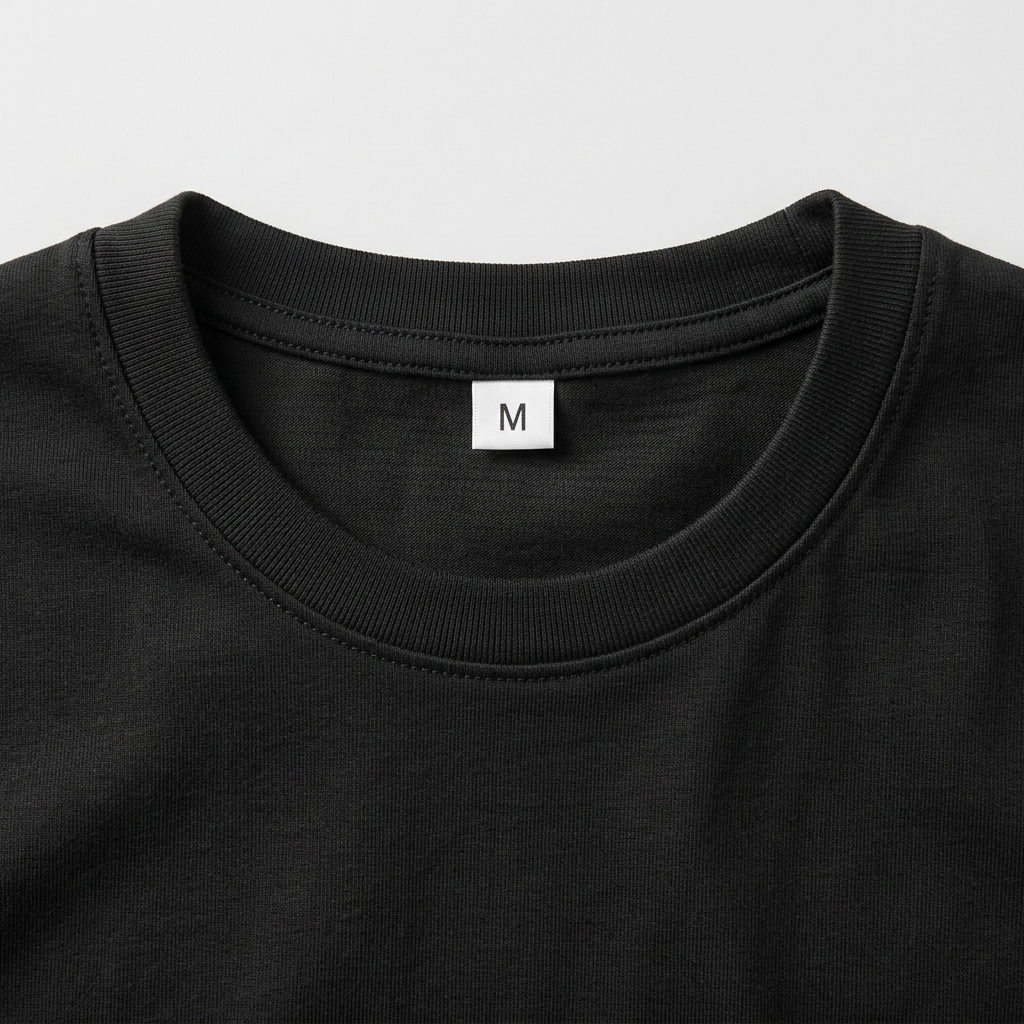 Close-up front neckline of the black T-shirt with an M size label