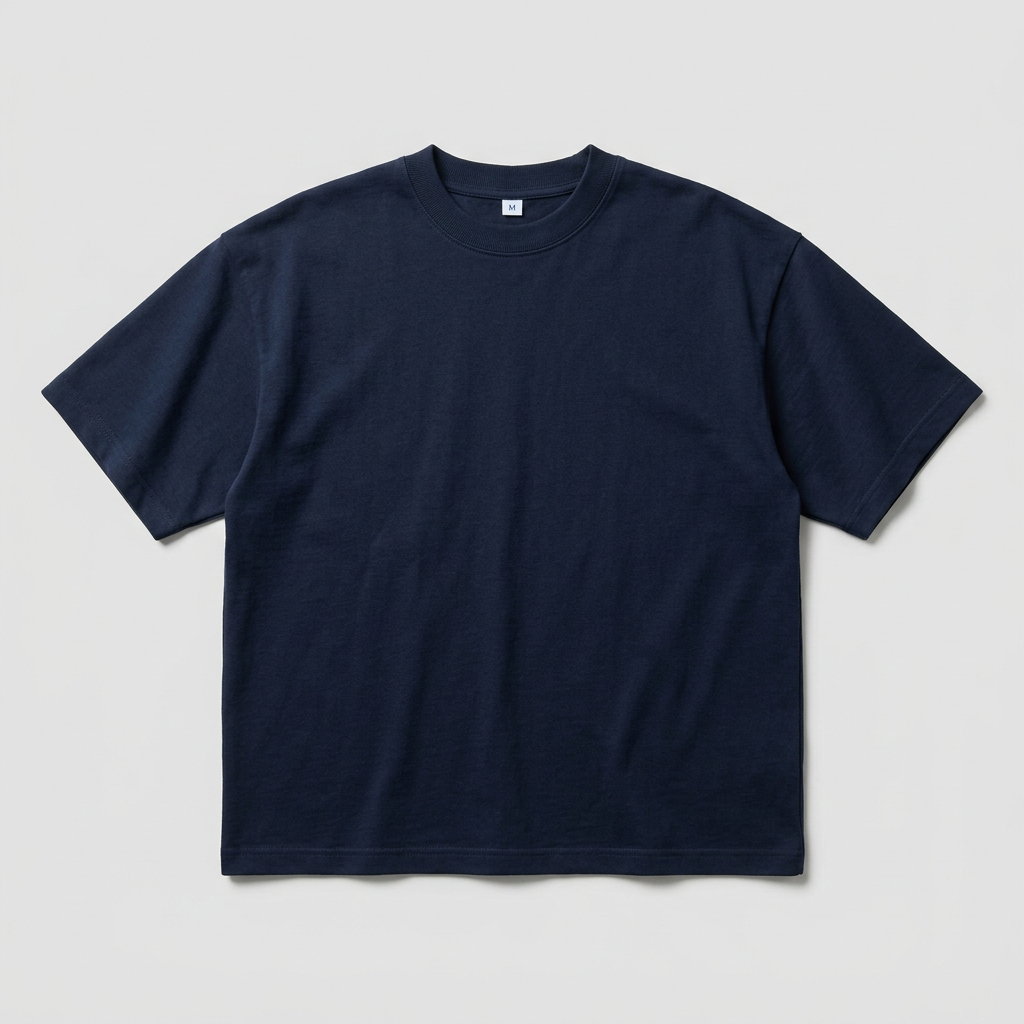 Dark navy blue 240 GSM oversized T-shirt with M neck label on a gray #E6E6E6 background