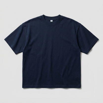 Dark navy blue 240 GSM oversized T-shirt with M neck label on a gray #E6E6E6 background