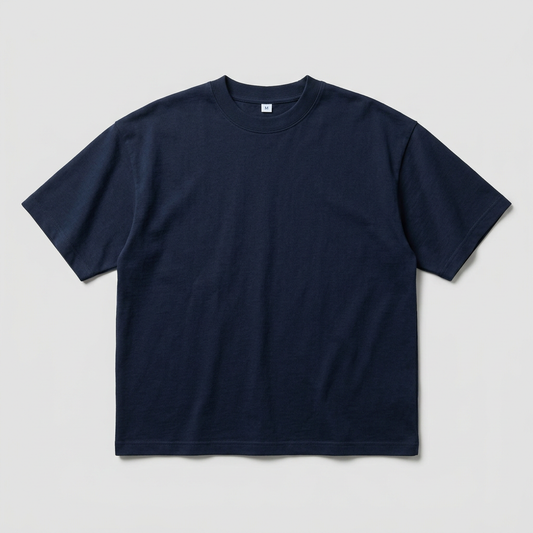 Dark navy blue 240 GSM oversized T-shirt with M neck label on a gray #E6E6E6 background