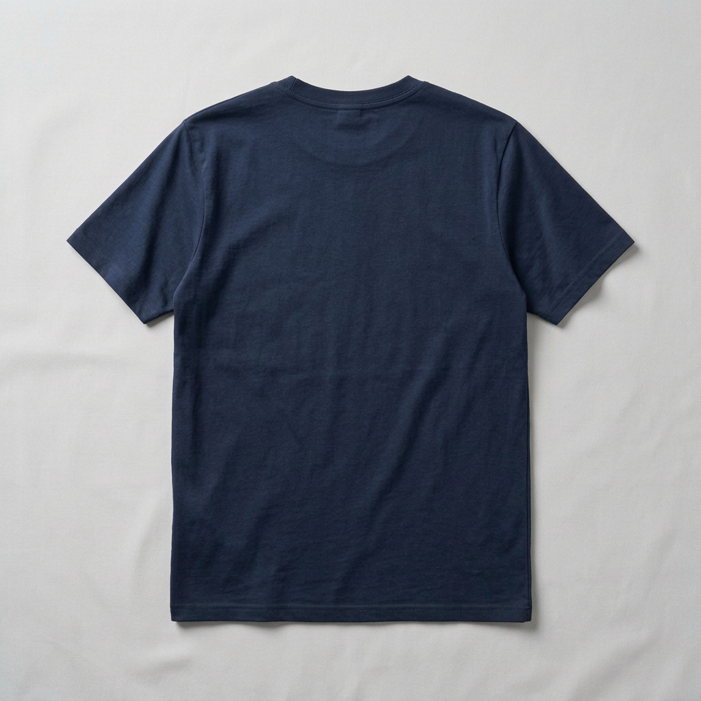 Dark navy blue T-shirt ka back view, gray background par
