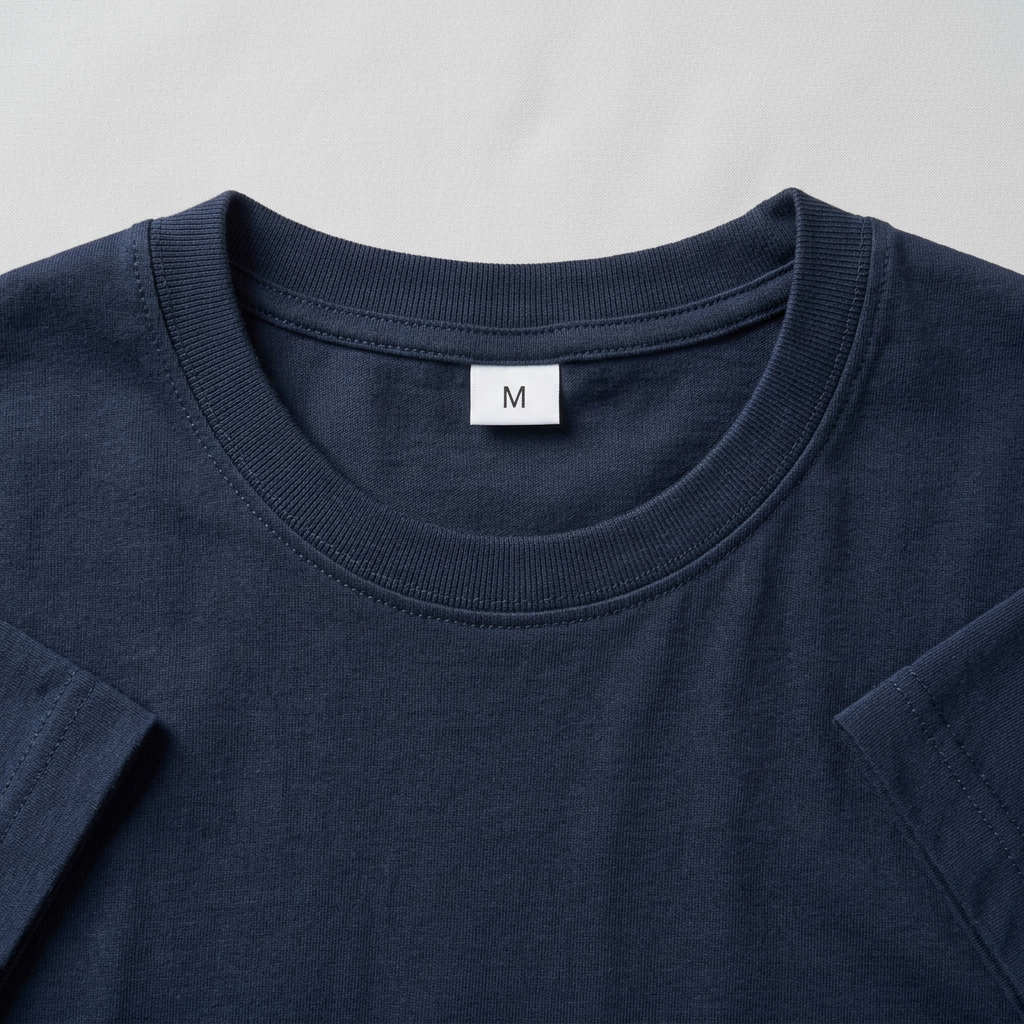 Dark navy blue T-shirt ka front neck close-up, M size label ke saath