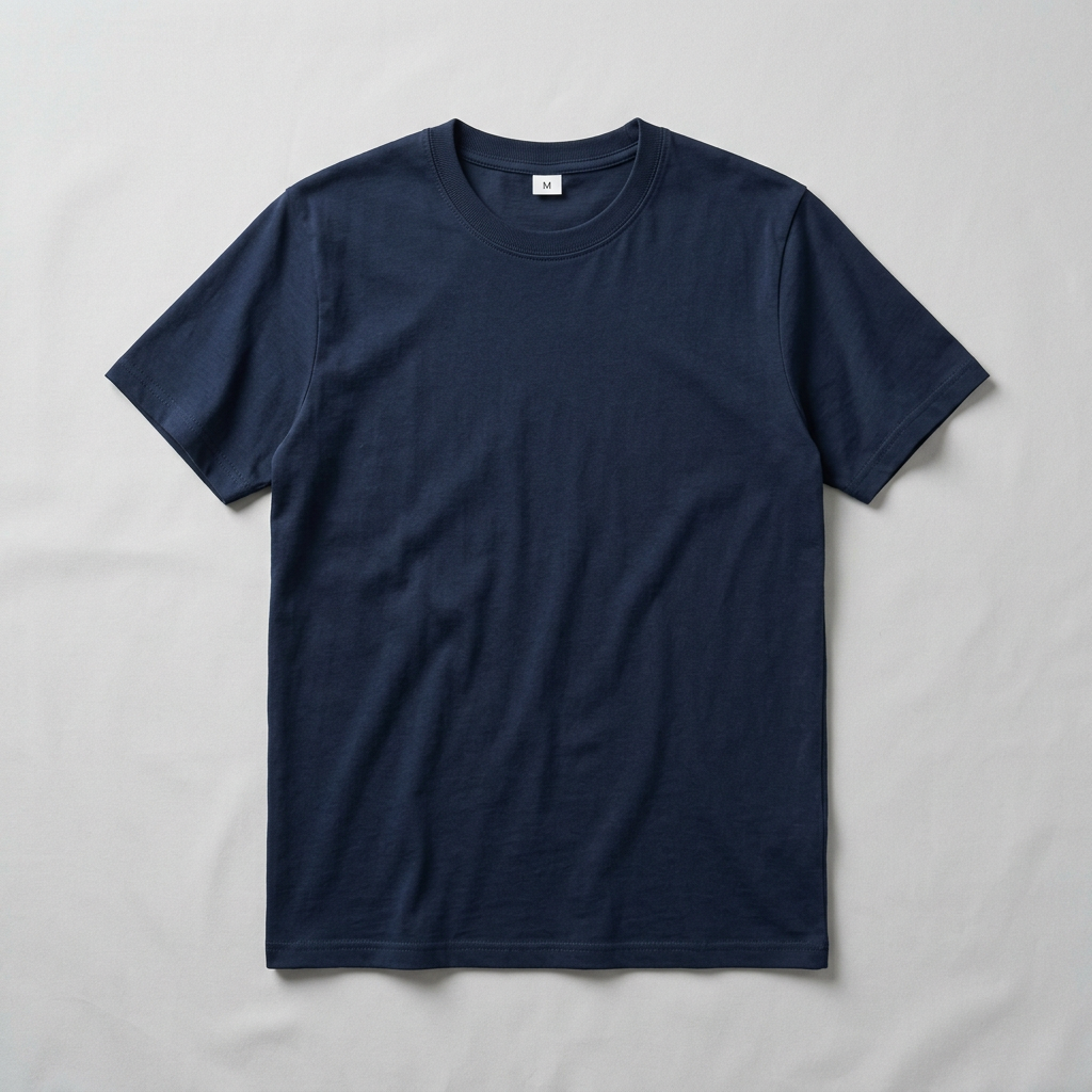 Dark navy blue T-shirt ka front product photo, gray background aur M neck label ke saath