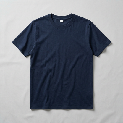 Dark navy blue T-shirt ka front product photo, gray background aur M neck label ke saath