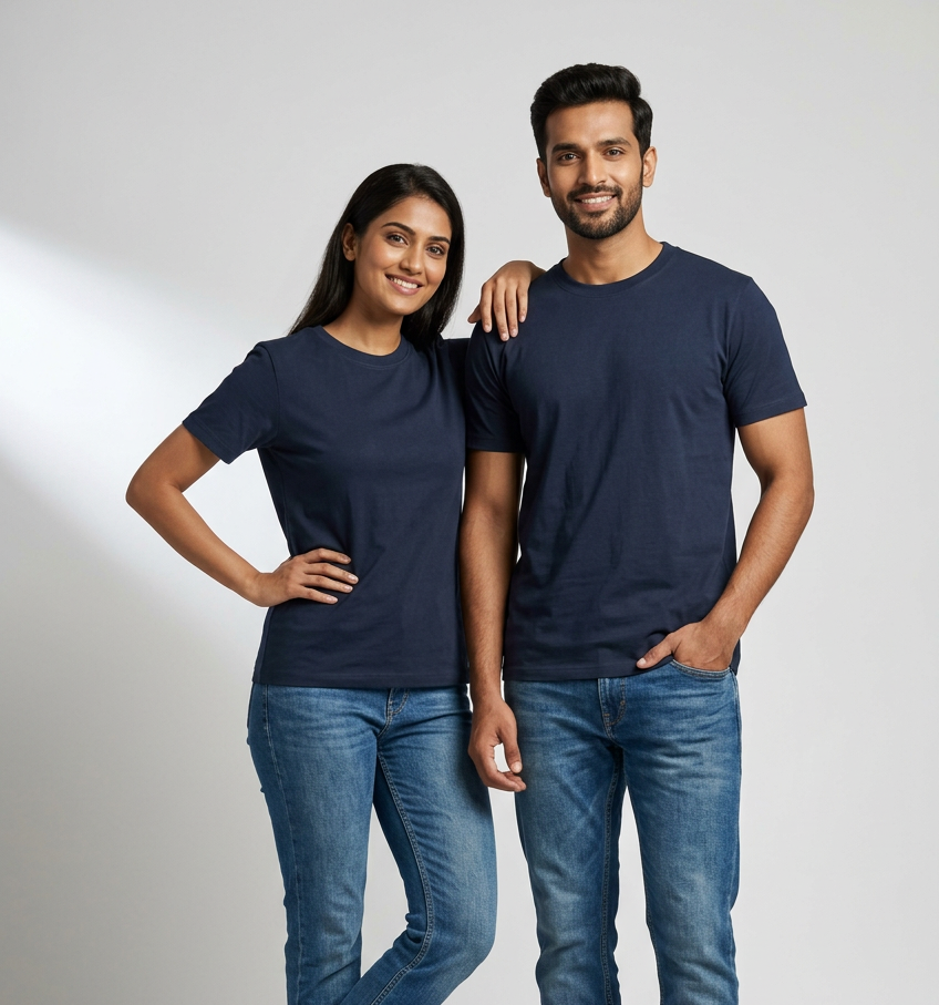 Dark navy blue unisex T-shirt mein male aur female models ka stylish mockup