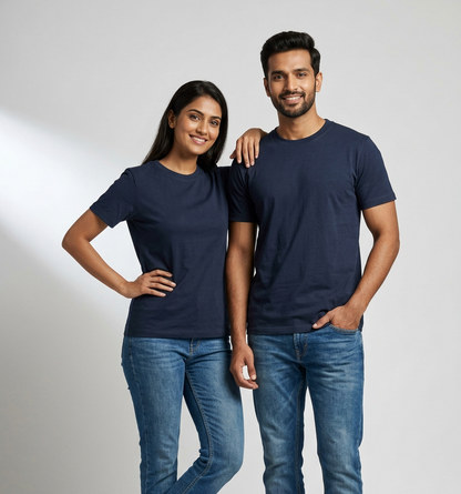 Dark navy blue unisex T-shirt mein male aur female models ka stylish mockup