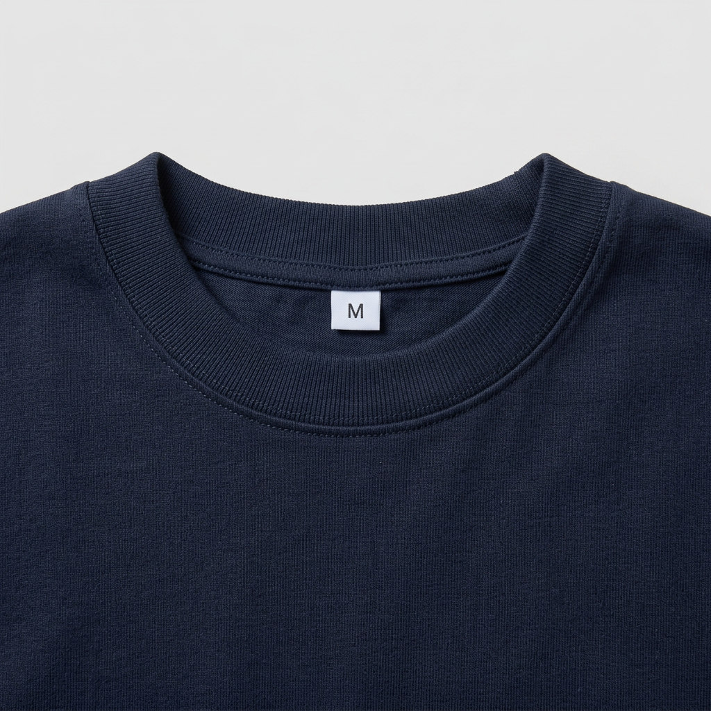 Dark navy T-shirt neckline close-up with an M size label and gray background