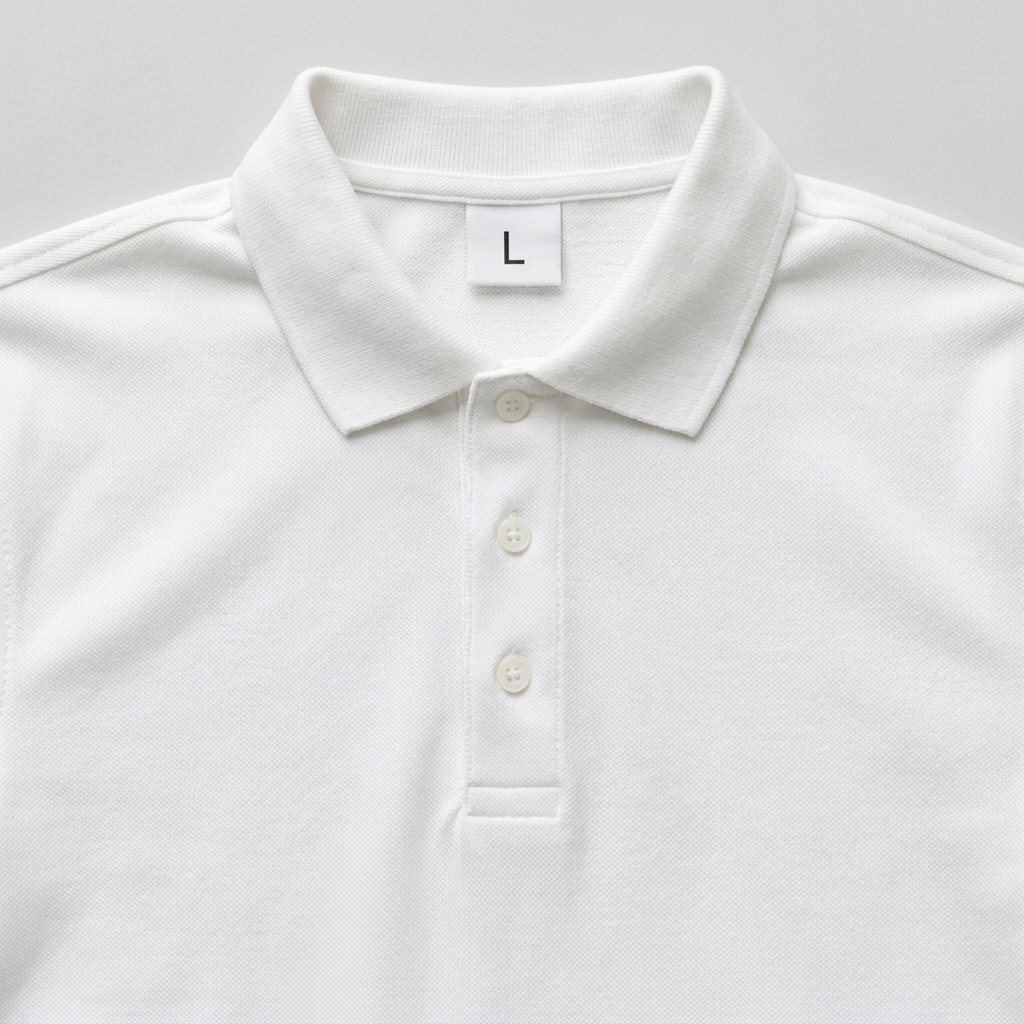 White cotton matty polo ka neck close-up, L size label ke saath