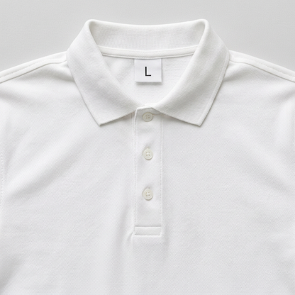 White cotton matty polo ka neck close-up, L size label ke saath