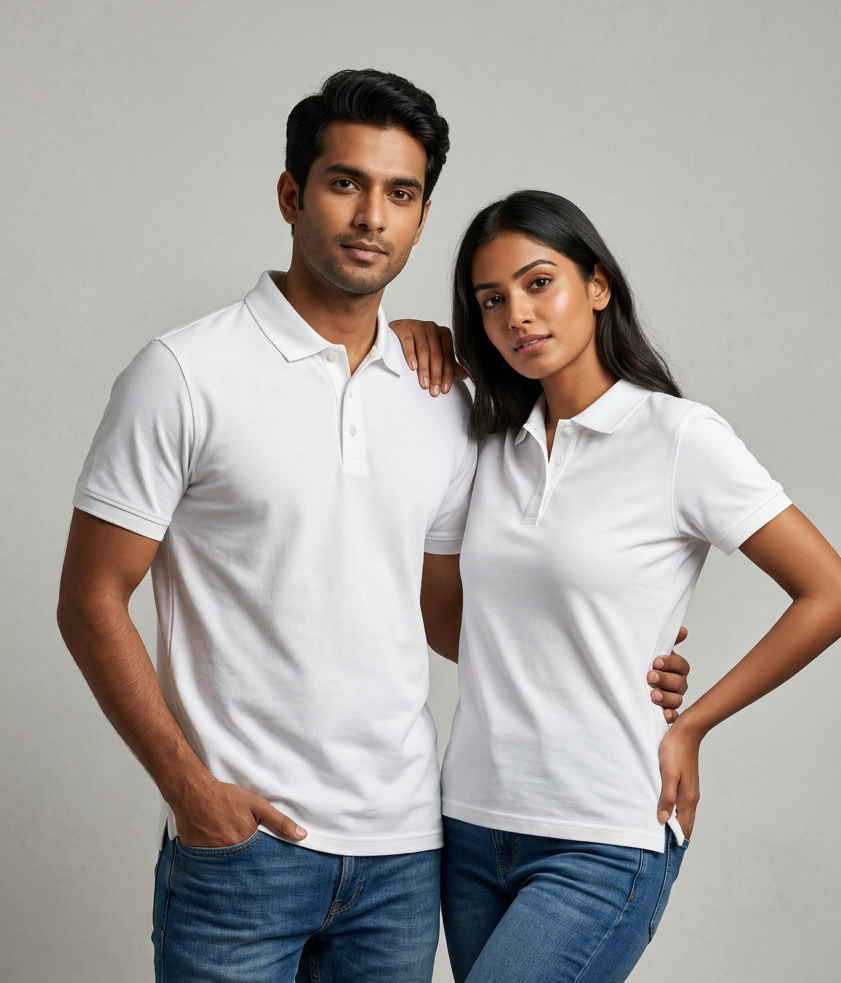White cotton matty polo mein male aur female models ka stylish photo