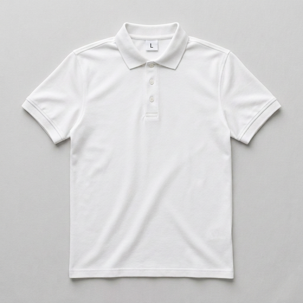 White cotton matty polo T-shirt with L size label inside the neck