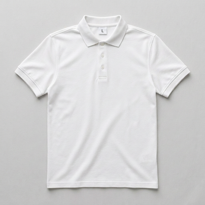 White cotton matty polo T-shirt with L size label inside the neck