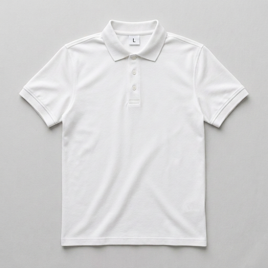 White cotton matty polo T-shirt with L size label inside the neck