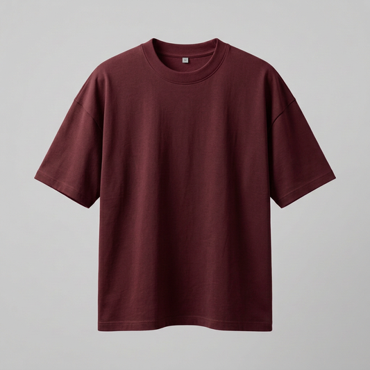 Wine oversized T-shirt in the reference’s floating front-view style on a gray background